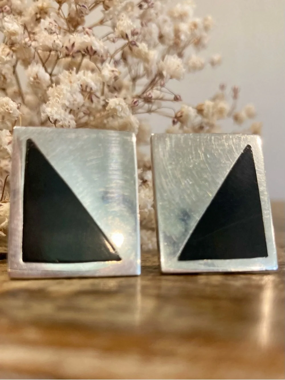 Vintage Taxco Modernist Sterling Silver Cufflinks – TD‑53 – Black Inlay – 24g